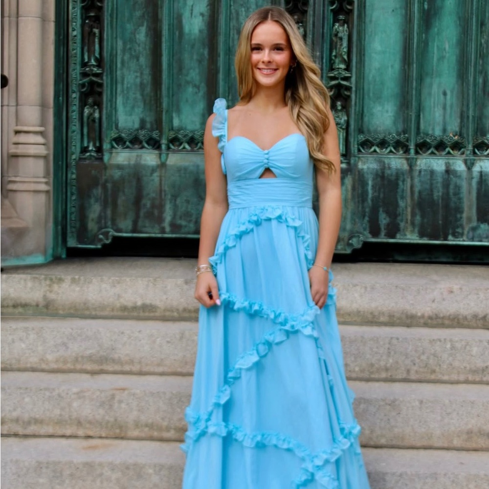 Blue Ruched Tiered Prom Gown